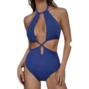 ZAFUL Monokini Swimsuit Women’s Sexy Criss Cross Cheeky Ribbed Cut Out Blue SZ 8